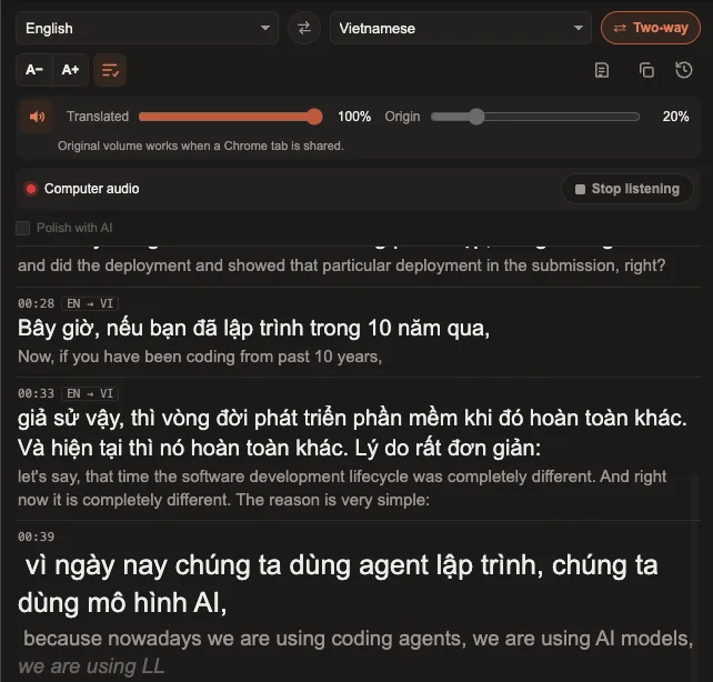 Oyelo's Translate Any Audio window in two-way mode, with live captions in two languages